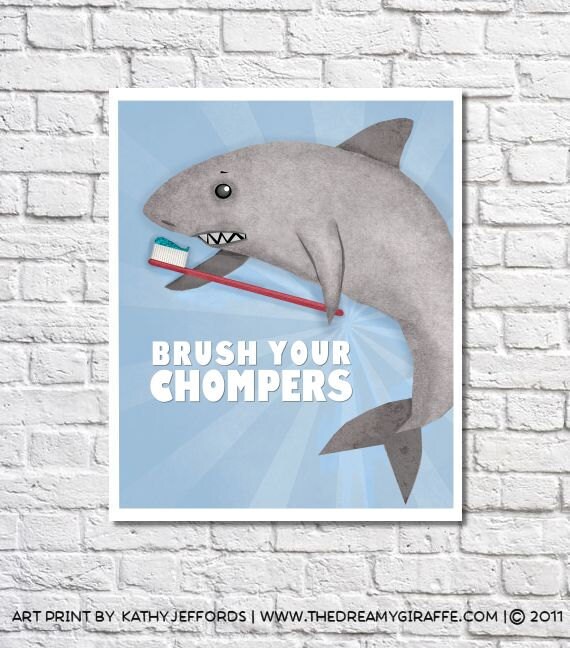 Brush Your Teeth Brush Your Chompers Print Shark Decor For