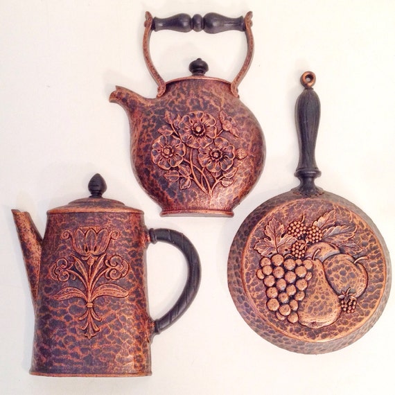 vintage wall  decor  faux copper  teapot kitchen  plaques set