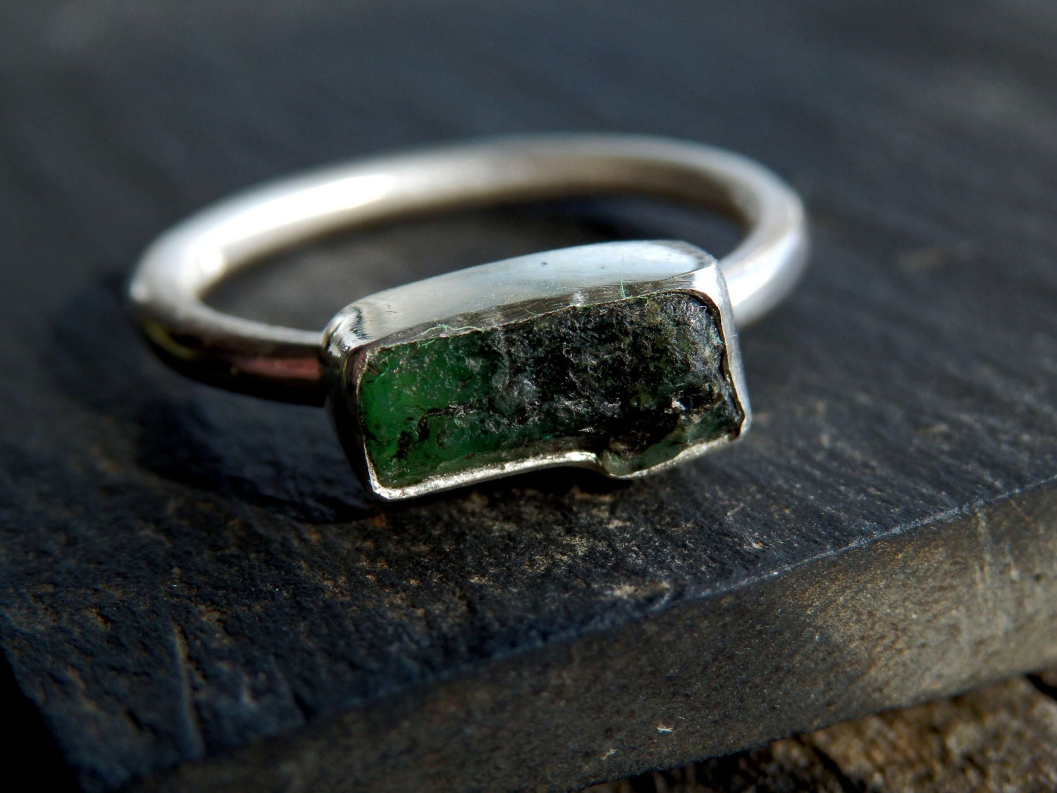 Raw emerald ring / rough emerald ring / natural silver and