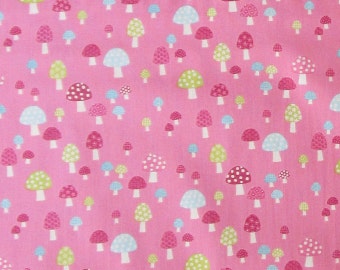 Pink Mushroom Fabric - Cute Quilter's Weight Cotton Print Fabric - One Yard - Yardage - By the Yard