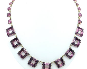 Rare Art Deco Vauxhall glass necklace c1920's Amethyst/Purple square Vintage Czech jewellery 1920's 1930's mirror glass