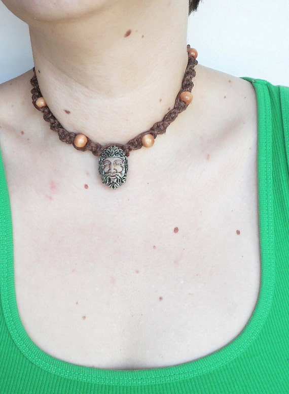 Green Man Pendant on Brown Hemp Choker Necklace.