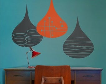 mid century modern rain drops wall decals, mod rain drop sticker art, geometric rain drops, FREE SHIPPING