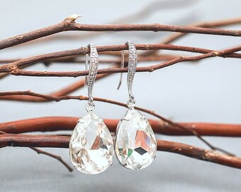 Wedding Earrings, Bridesmaid Earrings, Clear Crystal Teardrop Bridal Earrings