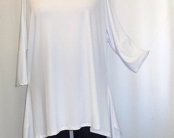 Coco and Juan, Lagenlook, Plus Size Top, White, Traveler Knit Drape Side, Womens Tunic Top, One Size, Bust to 60 inches