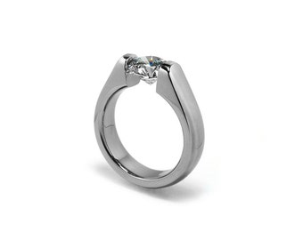 Contemporary White Sapphire Engagement Ring 1 ct and 1.5 ct and 2 ct Tension Set Steel