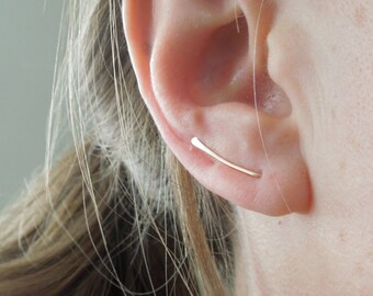 ear climbers, gold ear climbers, silver ear climbers, arch bar ear climbers, simple ear cuff, lightweight, small bar ear crawler, E01