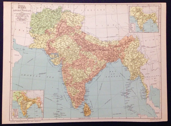 1940's Map India Burma Afghanistan Page Art Decor by Cherylscache