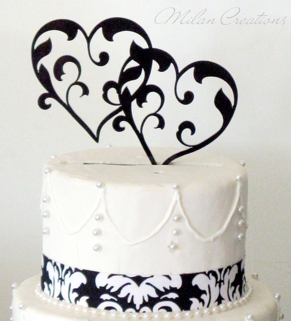 Joined Hearts  Wedding  Cake  Toppers  in Black by MilanCreations