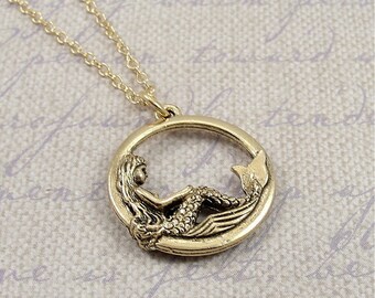 Mermaid Necklace, Gold Mermaid Necklace on a Gold Cable Chain