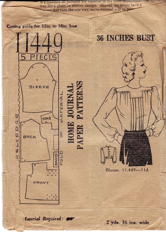 1940s Back Buttoned Blouse Pattern Home Journal 11449 Vintage Sewing Pattern Bust 36 inches UNUSED Factory Folded by allthepreciousthings steampunk buy now online