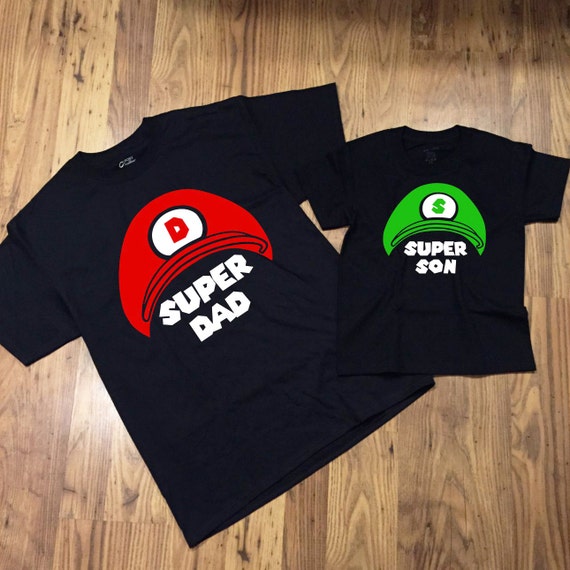 Super Dad & Son BLACK Funny Mario Tshirts Gift Set for Daddy