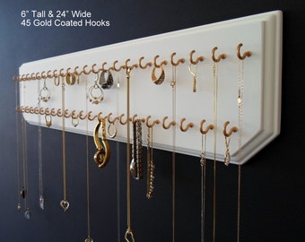 6x24-White 45-Gold, Jewelry Organizer Necklace Holder with 45 Coated Jewelry Hooks Assembled.