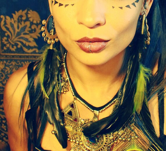 Tribal Wire Wrap Feather Ear Cuff, Wrap and Earring Set -Black, Lime Peacock Tribal Wire Wrap Feather Ear Cuff, Wrap and Earring Set -Black, Lime Peacock