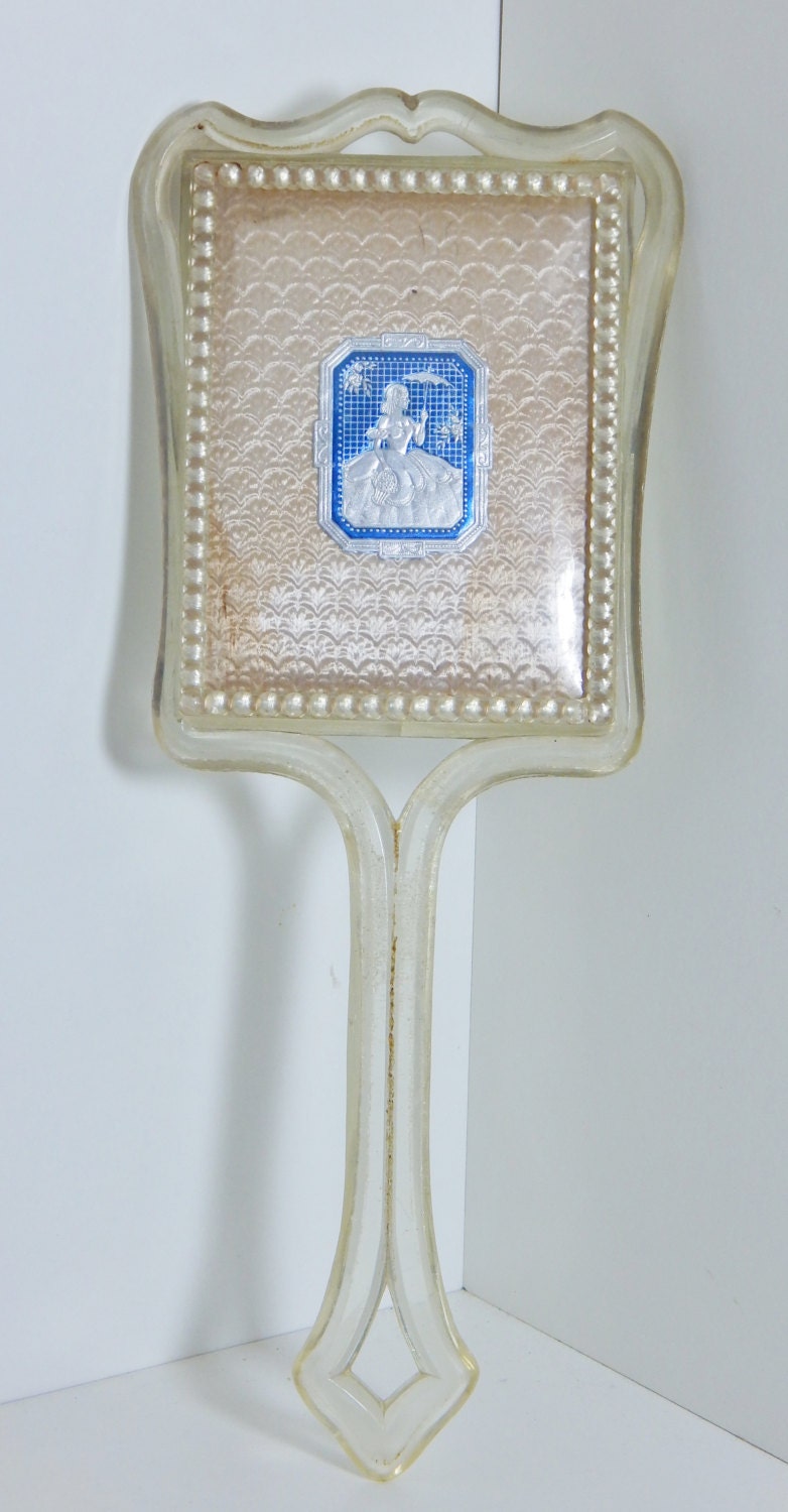 Vintage Vanity Hand Mirror Clear Long Handle with Antique Blue