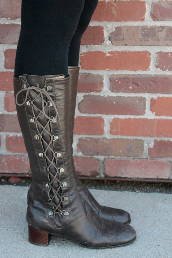 Vintage 1960's Brown Leather Boots Lace Up by moonchildvintage