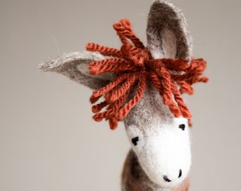 Peppino - Felt Donkey. Art Toy. Marionette, Puppet, Felt Toys, Felted Animals. brown orange beige red neutral. MADE TO ORDER.