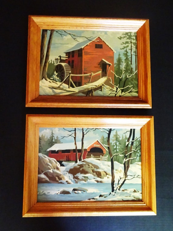Vintage Paint By Number Painting set of 2 in wood by rubyinthesky