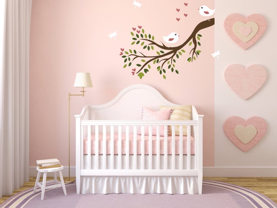 Cute Birds on Branch Wall decal w/ Leaves Multi Color Baby Nursery, Kids Baby Nursery Decals