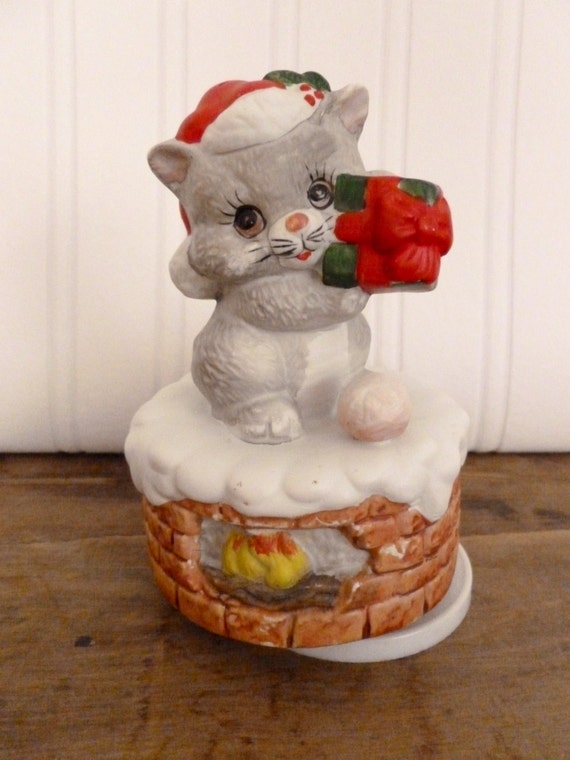 Vintage Ceramic Kitty Cat Music Box Christmas Kitty Cat