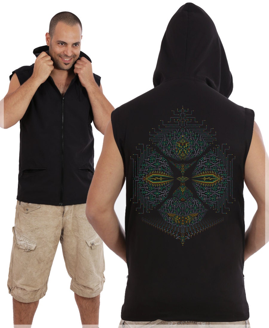 Psychedelic Mens Vest Black Hooded Hoodie Vest by IIISOLIII
