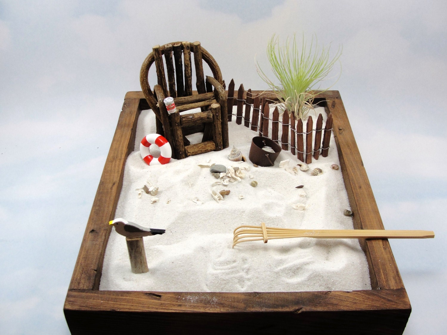 miniature zen beach garden kit vine wood chair air plant