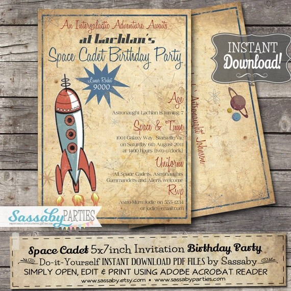 Space Cadet Birthday Invitation - INSTANT DOWNLOAD - Editable & Printable Astronaught, Galactic, Rocket Party Invitation by Sassaby Parties Il_570xn