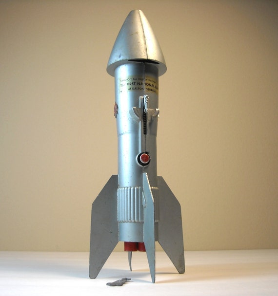 Vintage Metal Mechanical Rocket Bank by Astro w/Key Space Age