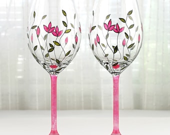 Wine Glasses with Pink Tulips Design, Wedding Glasses, Floral Wine Glasses, Toasting Glasses, Hand painted, Set of 2, Painted Wine Glasses