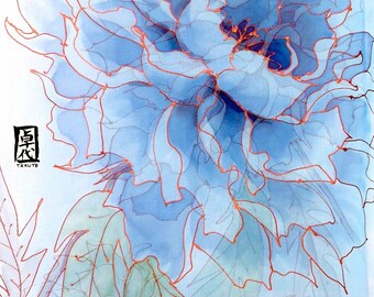 Blue Silk Scarf Hand painted, Large Silk Scarf, Blue Floral Scarf, Blue Japanese Peonies Scarf, Chiffon Scarf, 14x72 inches. Made to order
