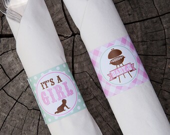 BBQ Baby Shower Decorations - BabyQ Shower GIRL Napkin Rings - Couples BBQ Baby Shower - Instant Download