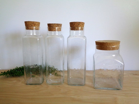 Large Textured Glass Apothecary Jars with Cork Lids Vintage
