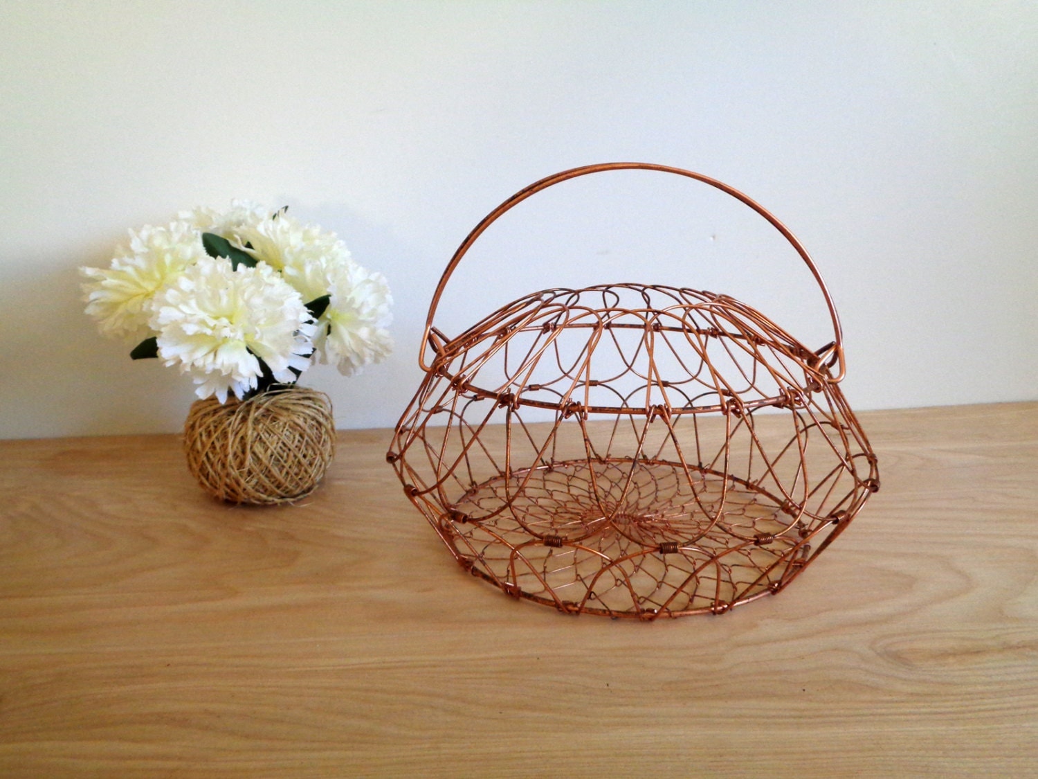 Large Gold Copper Metal Wire Egg Basket with Handles Vintage