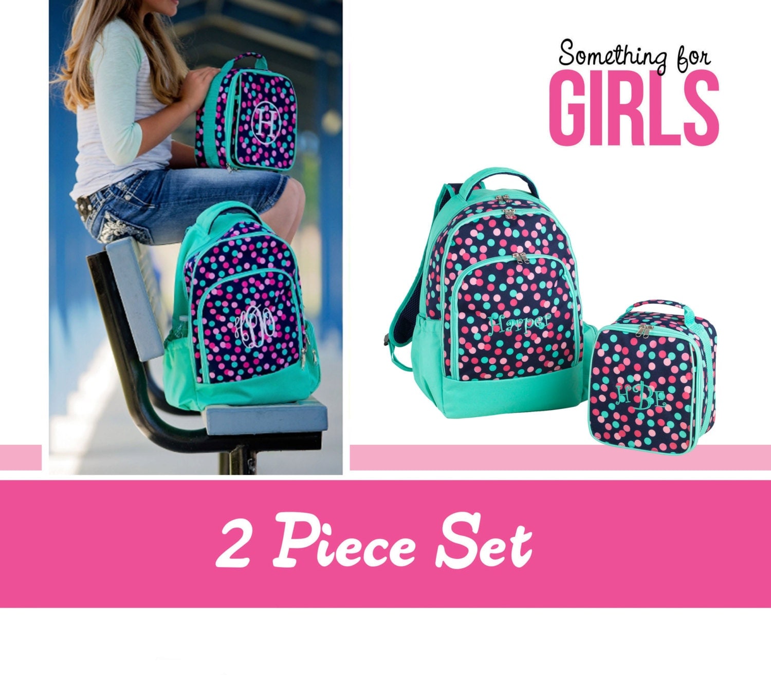 Monogrammed School Backpack and Lunch Box set for girls