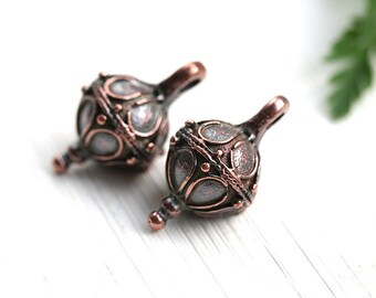 Copper Drop charms, Rhombus, Teardrop metal round boho charm, Ornament, Greek metal casting, Lead Free - 2Pc - F213