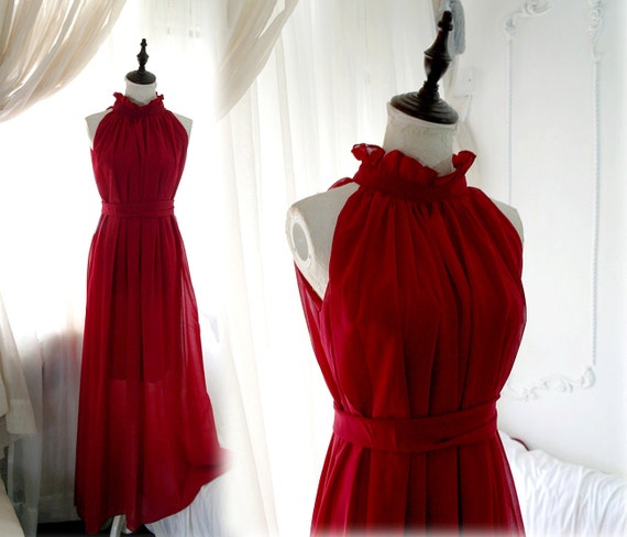 Goddess Ruffle High Collar Deep Red Maxi Long Gown Dress + Sash Bow ...