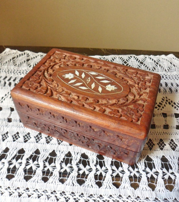 Hand Carved Wooden Box with Bone Inlay, Sheesham Wood Box from India ...