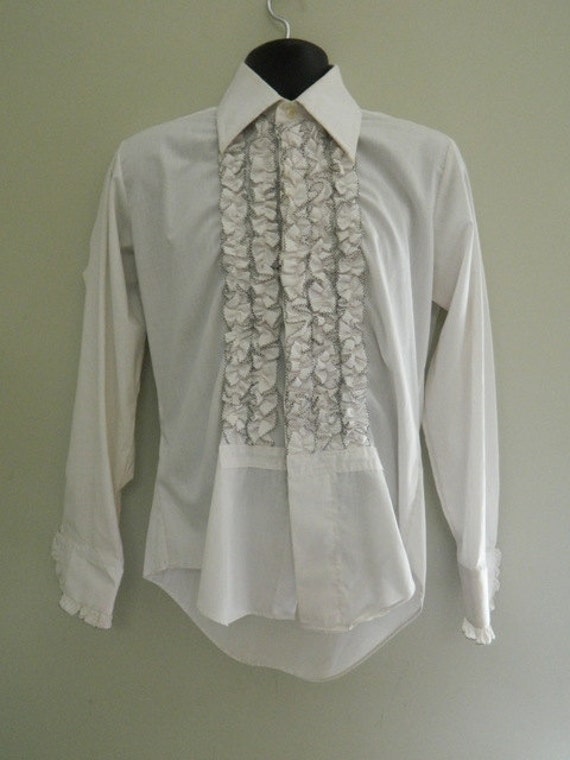 70s Ruffle Front White Long Sleeve Button Up Shirt / Vintage