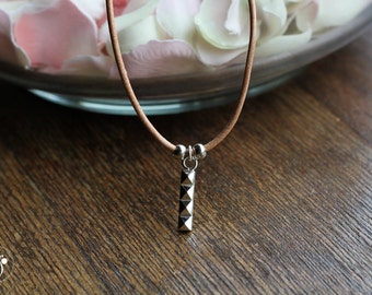 Silver Pyramid Studded Bar leather necklace