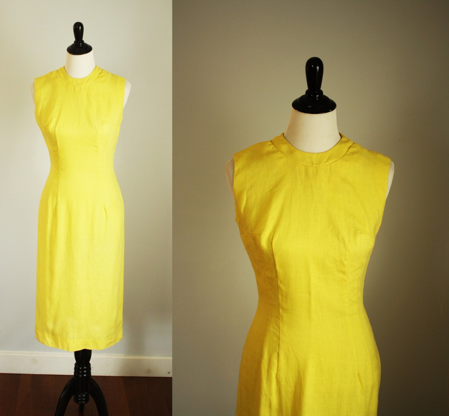 1960s column dress vintage 60s yellow dress