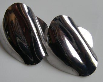 Glamorous 1980s Huge Silvertone Shiny Chrome Pierced Earrings