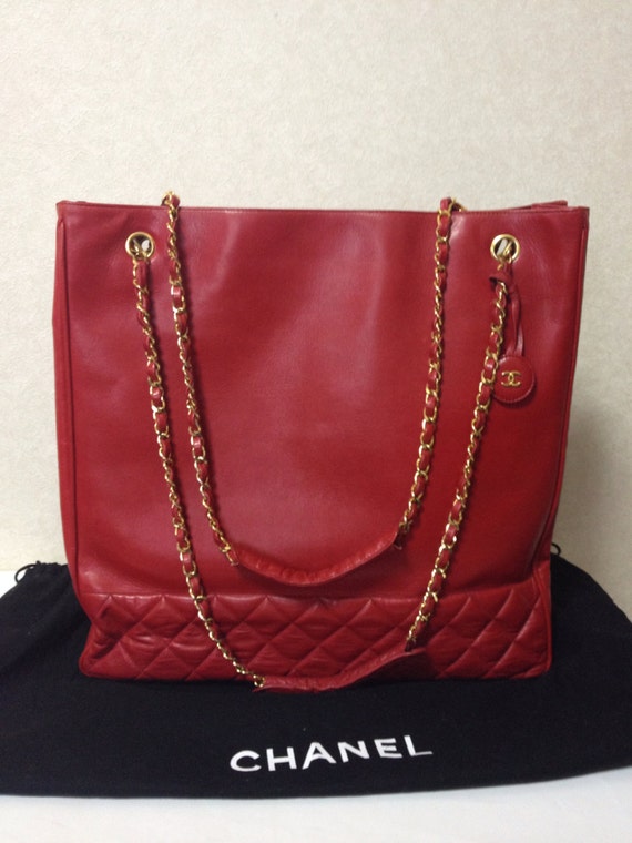 Vintage CHANEL lipstick red calf leather tote