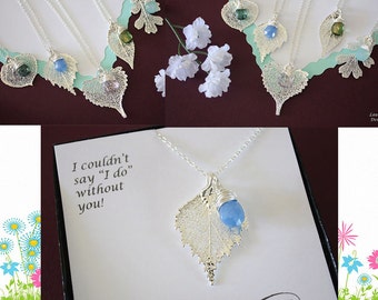 9 Bridesmaid Leaf Necklaces, Bridesmaid Gifts, Real Leaf Necklace, Thank You Card, Jewelry, Sterling Silver, Gemstone, Bridesmaid Jewelry