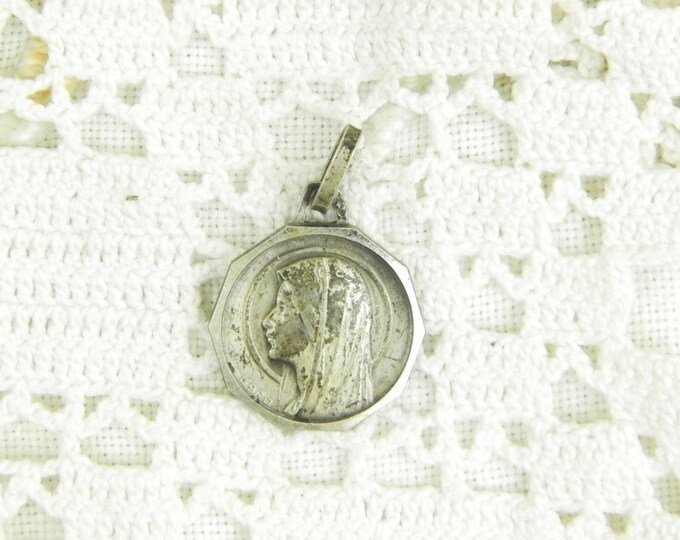 Vintage French Tarnished Silver Alloy Religious Medal of the Virgin Mary / Christian Jewelry / Religious Jewellery/ Our Lady/ Lourdes/ Charm