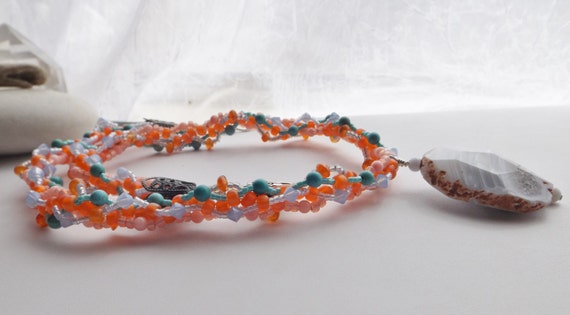 Handwoven, Handmade, Adjustable, Seed Bead Gemstone Five-Strand Necklace with Swarovski Crystals, Coral, Magnesite, Carnelian, Agate Pendant