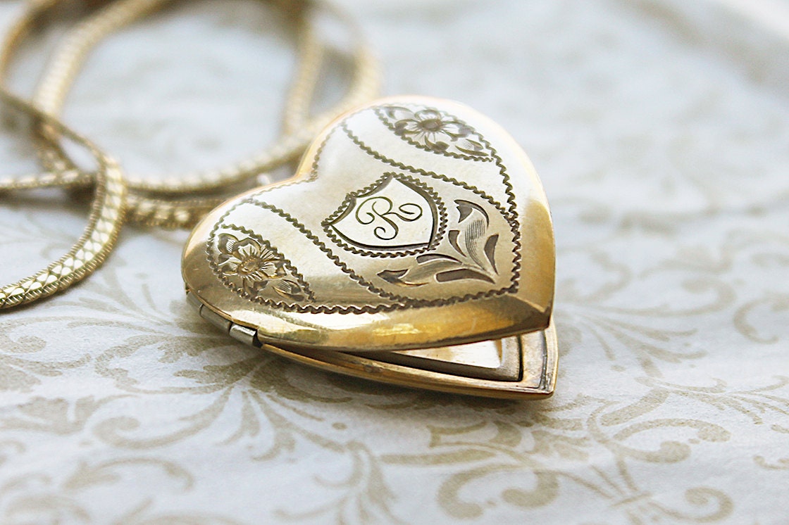 Initial R Locket Necklace vintage gold filled Letter R locket