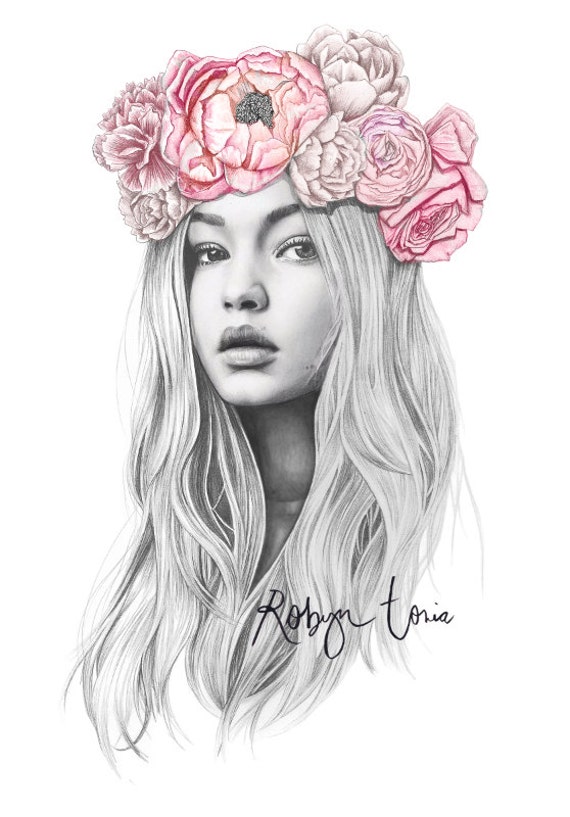 Gigi Hadid flower crown fashion illustration portrait
