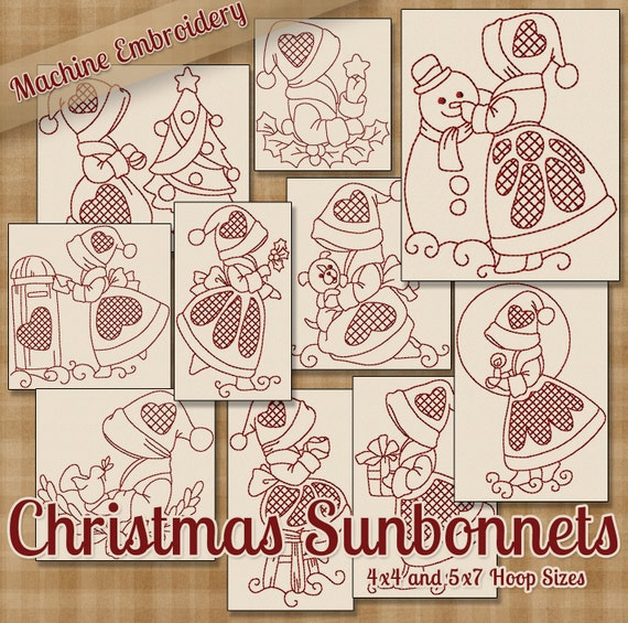 Redwork Christmas Sunbonnets Machine Embroidery Patterns