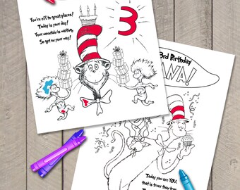Set of 2 Printable Personalized Dr Suess Birthday Coloring Page Files by Carta Couture