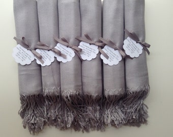 Light Silver Shawls with Scallop Favor Tags, Set of 6, Pashmina, Wedding Favor, Bridal, Bridesmaids Gift, Welcome Bags, Wedding Keepsakes